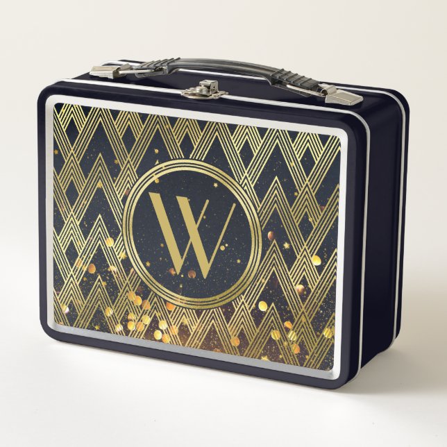Art Deco Gatsby Glitter Geometric Pattern Monogram Metal Lunch Box (Front)