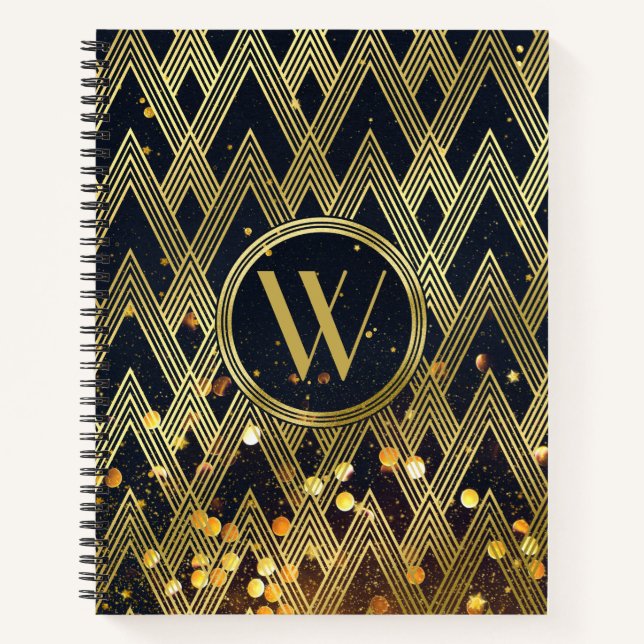 Art Deco Gatsby Glitter Geometric Pattern Monogram Notebook (Front)