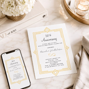 Art Deco Gatsby gold 50th wedding anniversary Invitation