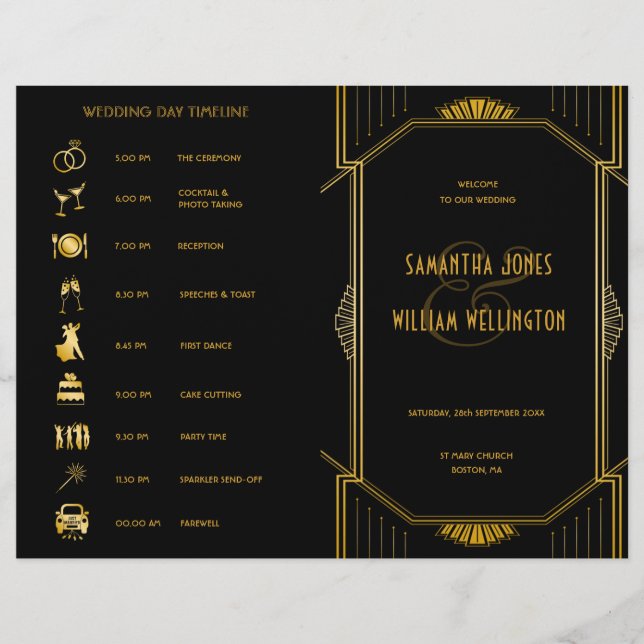 Art Deco Gatsby Modern Folded Wedding Timeline (Front)