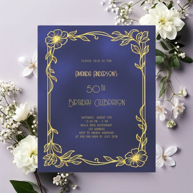 Art Deco Gatsby navy blue gold birthday invitation (Creator Uploaded)