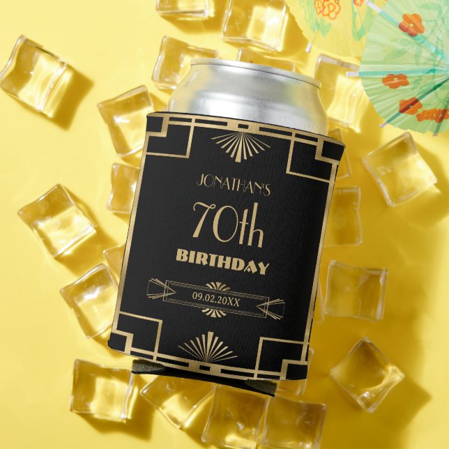 Art Deco Gatsby Roaring 20s Black Gold Birthday Can Cooler (In Situ Summer)