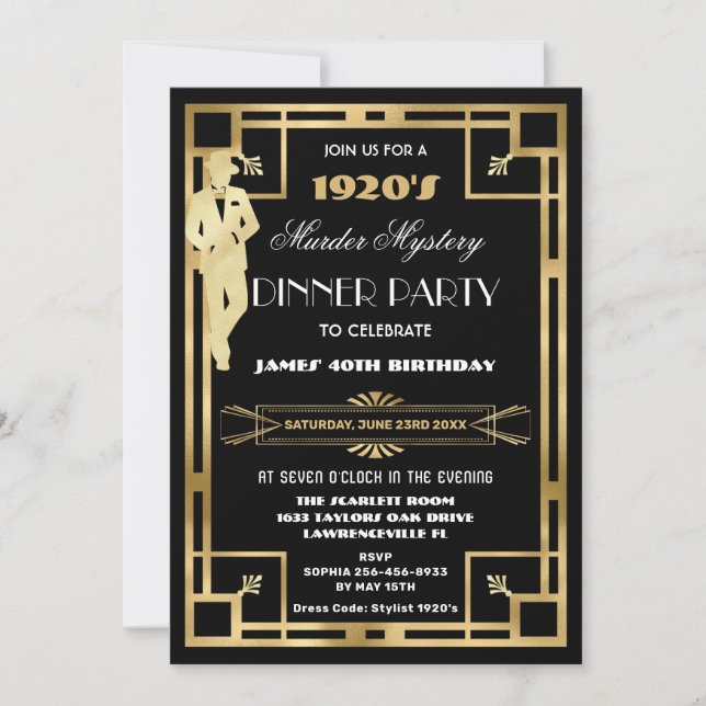 Art Deco Gatsby Roaring 20s Murder Mystery Party Invitation (Front)
