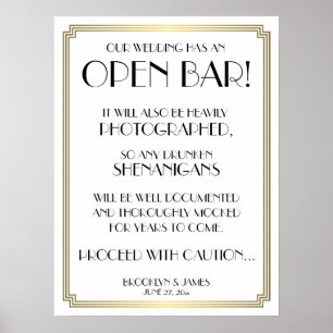 Art Deco Gatsby White And Gold Open Bar Sign 18x24