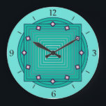 Art Deco Geometric, Aqua and Turquoise Blue Large Clock<br><div class="desc">Clock in overlapping geometric patterns,  consisting on gradient stripes,  ranging from aqua to deep turquoise / teal,  on a light aqua background,  with 3-d look diamond shaped accents at the hours</div>