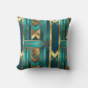 Art Deco Geometric Arrows, Gold and Turquoise Throw Pillow