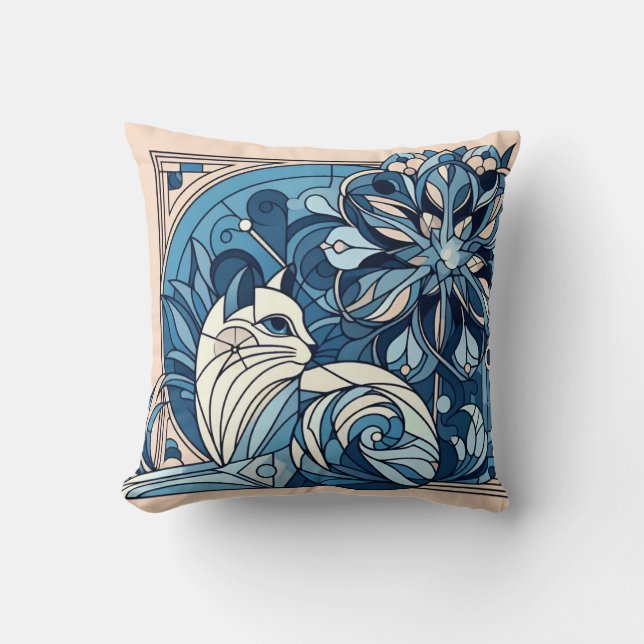 Art deco geometric blue cat. throw pillow (Front)