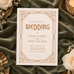 Art Deco Geometric Bronze Gold Cream Wedding Invitation