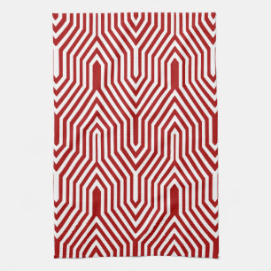 Art Deco Geometric - dark red and white Kitchen Towel