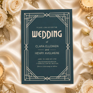 Art Deco Geometric Dark Teal Wedding Invitation