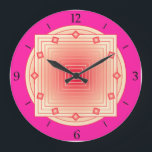Art Deco Geometric, Fuchsia Pink and Coral Large Clock<br><div class="desc">Clock in overlapping geometric patterns,  consisting on gradient stripes,  ranging from cream to deep coral pink,  on a fuchsia pink background,  with 3-d look diamond shaped accents at the hours.</div>