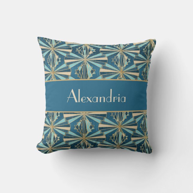 Art Deco Geometric Gold, Blue & Teal Luxury Glam Throw Pillow (Front)