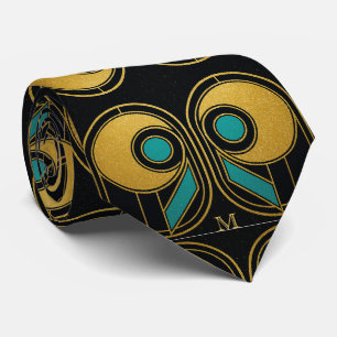 Art Deco Geometric Gold Teal Tie Elegant Monogram