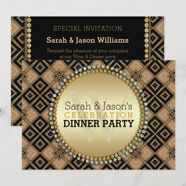 Art Deco Geometric Pattern Black Gold Dinner Party Invitation (Front/Back)