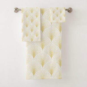 Art Deco Geometric Pattern In Gold & White Bath Towel Set
