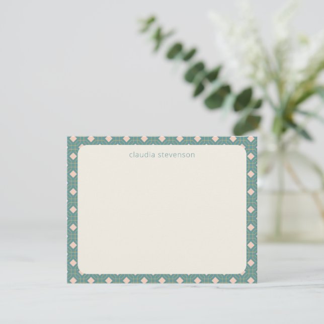 Art Deco Geometric Teal and Pink Personalized Name Card (Standing Front)