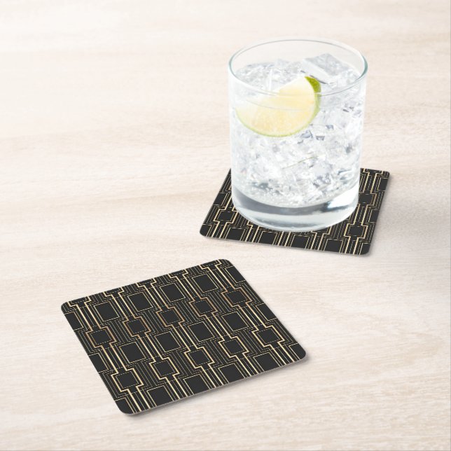 Art Deco Geometrics Black and Gold Square Paper Coaster (Insitu)