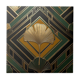 Art Deco Ginkgo Leaf Gold Geometric Pattern Tile