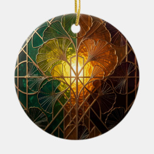 Art Deco Ginkgo Leaf Stained Glass Design Ceramic Ornament