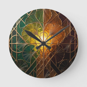 Art Deco Ginkgo Leaf Stained Glass Design Round Clock