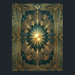 Art Deco Ginkgo Leaf Sunburst Poster | Gold Teal<br><div class="desc">Infuse your home with botanical elegance through this Art Deco Ginkgo Leaf poster. This exquisite artwork features golden-veined Ginkgo Biloba leaves radiating from a central sunburst, framed by an intricate, symmetrical geometric border. The rich teal and metallic gold colour palette evokes the sophisticated luxury of the Roaring Twenties and the...</div>