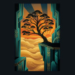 Art Deco Ginkgo Tree Ocean Cliff Gold Teal Poster<br><div class="desc">Elevate your home decor with this breathtaking Art Deco landscape featuring a majestic ginkgo tree silhouette. Perched on a dramatic teal cliffside overlooking a golden, swirling sea of mist and waves, this piece is illuminated by a vibrant sunset sunburst. The composition blends natural serenity with 1920s geometric precision and a...</div>