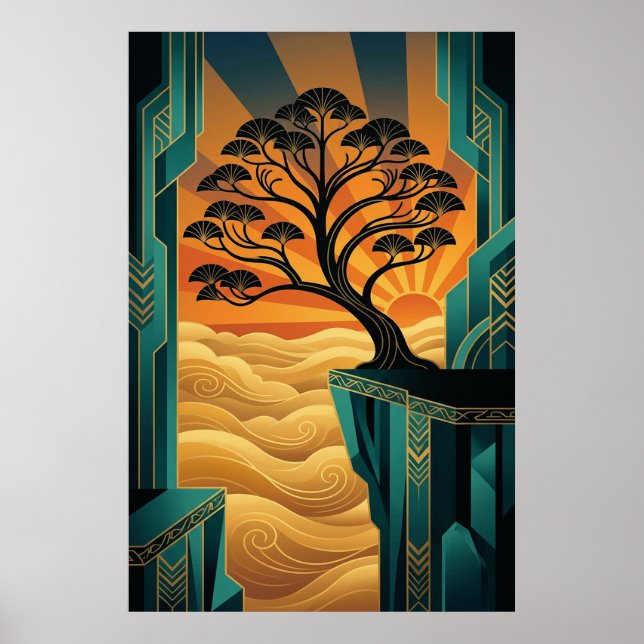 Art Deco Ginkgo Tree Ocean Cliff Gold Teal Poster (Front)