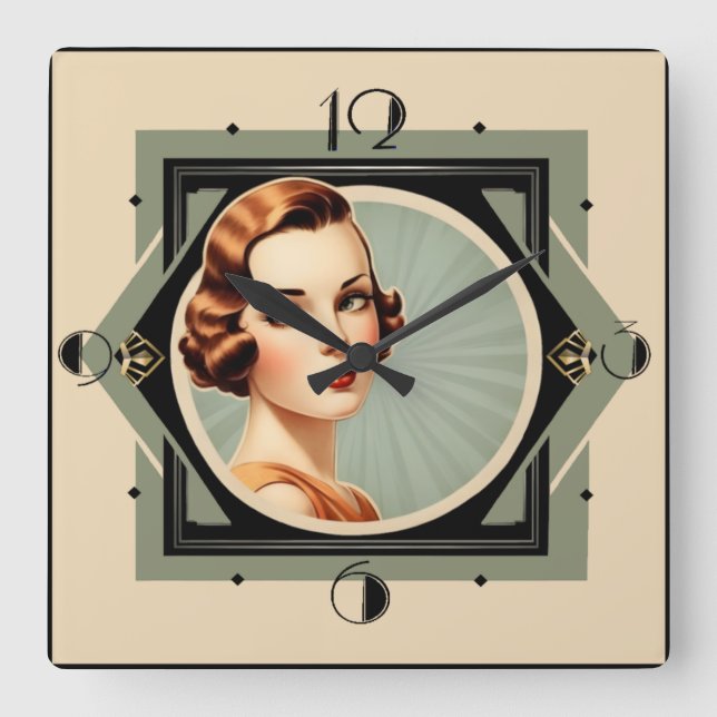 Art Deco girl Square Wall Clock (Front)