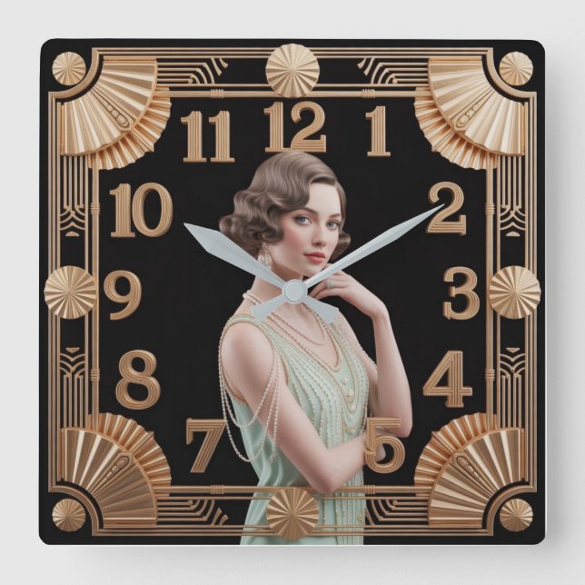 Art Deco Girl Square Wall Clock (Front)