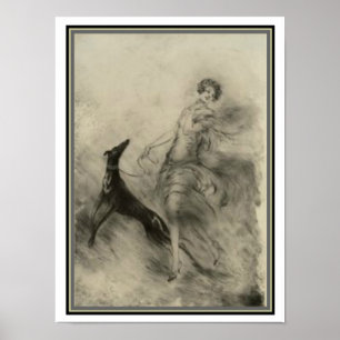 Art Déco "Girl with Dog" par Louis Icart 12 x 16