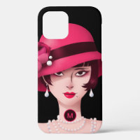 Art Deco Glam Lady Monogram Initial Black Pink