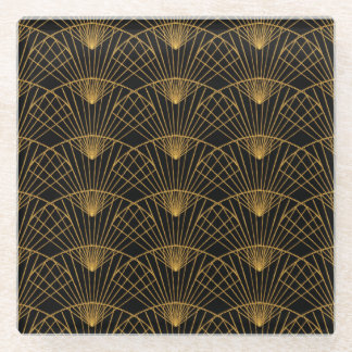 Art Deco Glamour: Golden Fan. Glass Coaster