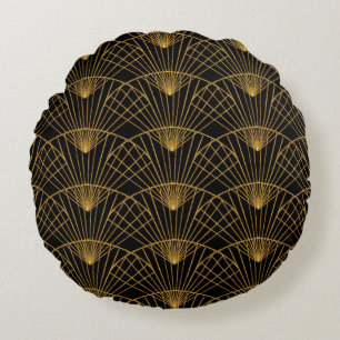 Art Deco Glamour: Golden Fan. Round Pillow