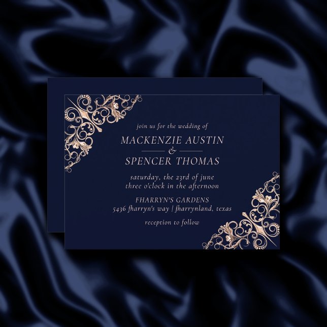 Art Deco Glamour | Navy Blue Rose Gold Wedding Invitation (Creator Uploaded)
