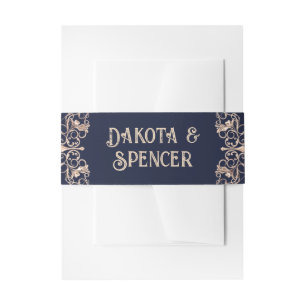Art Deco Glamour   Navy Blue Rose Gold Wedding Invitation Belly Band