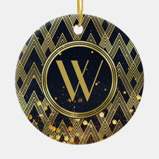 Art Deco Glamourous Geometric Pattern Monogram Ceramic Ornament (Front)
