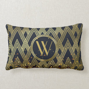Art Deco Glamourous Geometric Pattern Monogram Lumbar Pillow