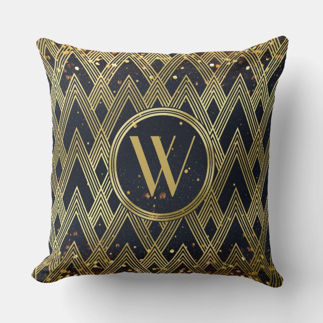 Art Deco Glamourous Geometric Pattern Monogram Throw Pillow (Front)