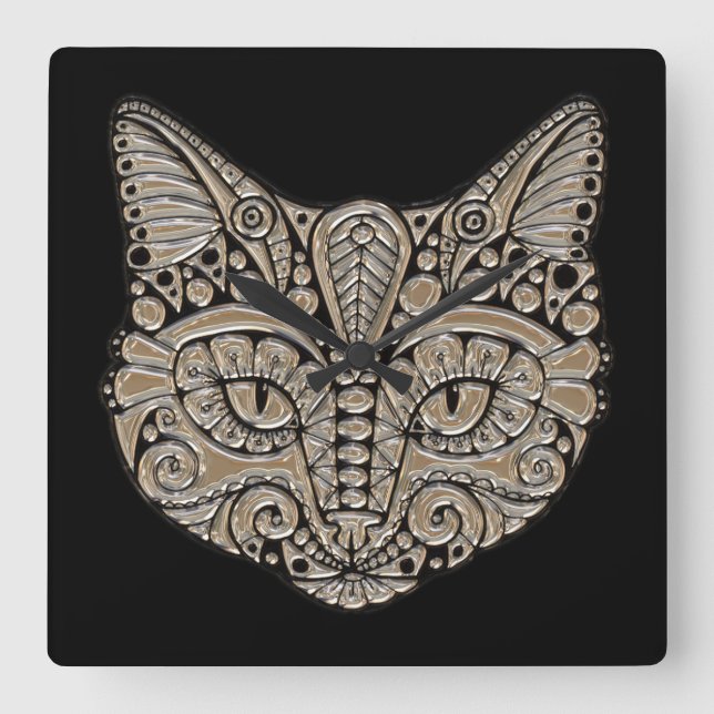 Art deco gold and black Egyptian style cat Square Wall Clock (Front)