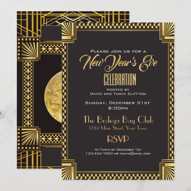 Art Deco Gold and Black NYE Gatsby Style Invitation (Front/Back)