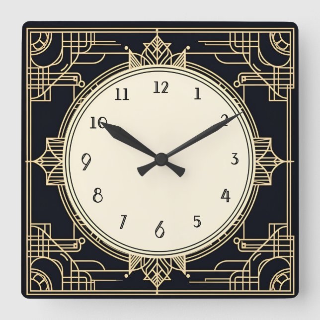 Art Deco Gold and Black Square Frame Square Wall Clock (Front)