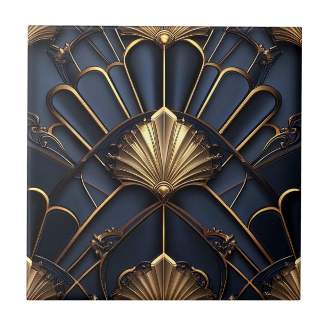 Art Deco Gold and Blue Vintage Tile (Front)