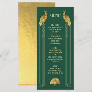 Art Deco Gold and Geen Peacock Wedding menu card