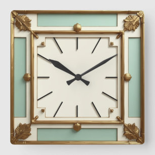 Art Deco Gold and Mint Square Wall Clock