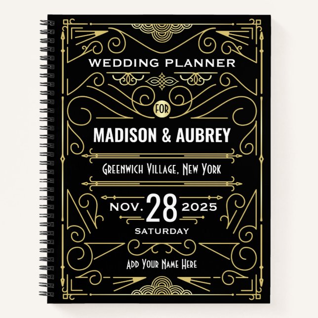 Art Deco Gold Black 1920s Elegant Wedding Planner Notebook (Front)
