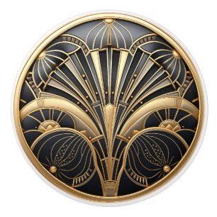 Art Deco Gold & Black Abstract Fan Design Ceramic Knob