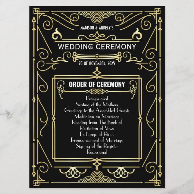 Art Deco Gold Black Entourage Order of Ceremony Program (Front)