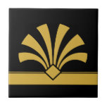 Art Deco Gold Black Geometric Flower Element 06 Tile<br><div class="desc">Elegant faux gold yellow art deco style geometric flower element ornament on a black background decorative ceramic tile. Please note that the gold colour here is a flat yellow colour print and is not an actual gold colour or foil. Sleek chic design, perfect for a modern or art deco retro...</div>