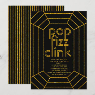 Art Deco gold black pop fizz clink New Year party Invitation