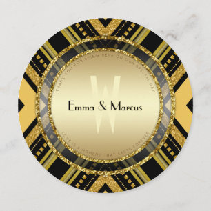 Art Deco Gold Black Round Wedding Menu Card